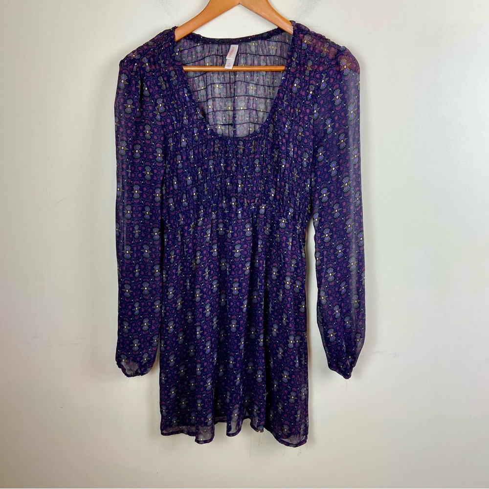 Purple Sheer Firefly Print Smocked Long Sleeve Dress Fairy Unique Size Medium